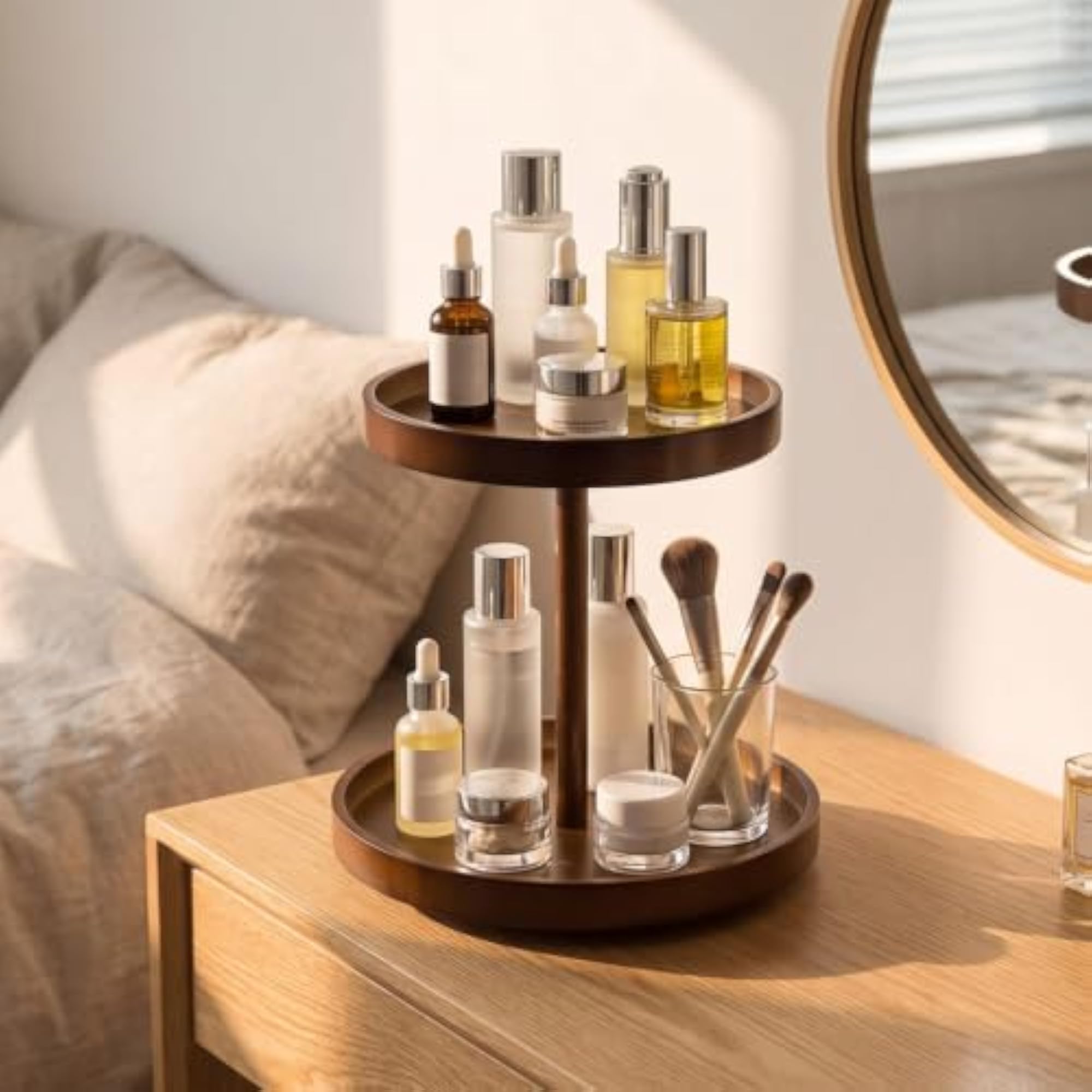 Rotating Wooden Organizer with Base, Round Makeup Tray